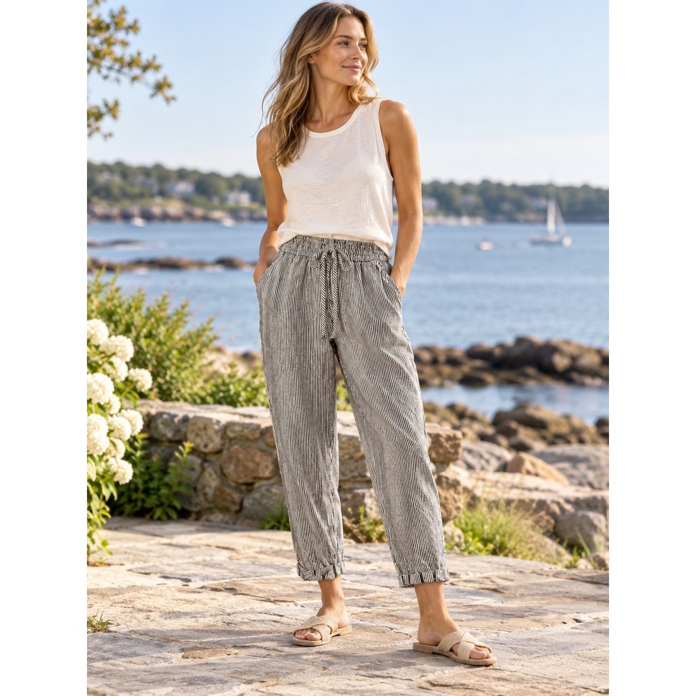 J.Crew Re-Imagined Seaside Pants Ticking Stripe Linen Cotton Black White AY192 0